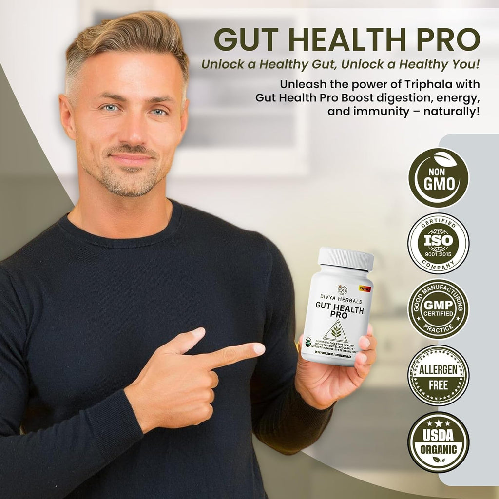 Gut Health Pro - Bloat Relief, Detox & Digestive Support - 100% Pure Organic Triphala Supplement - for Women & Men - Uncoated Vegan Tablets -120Ct