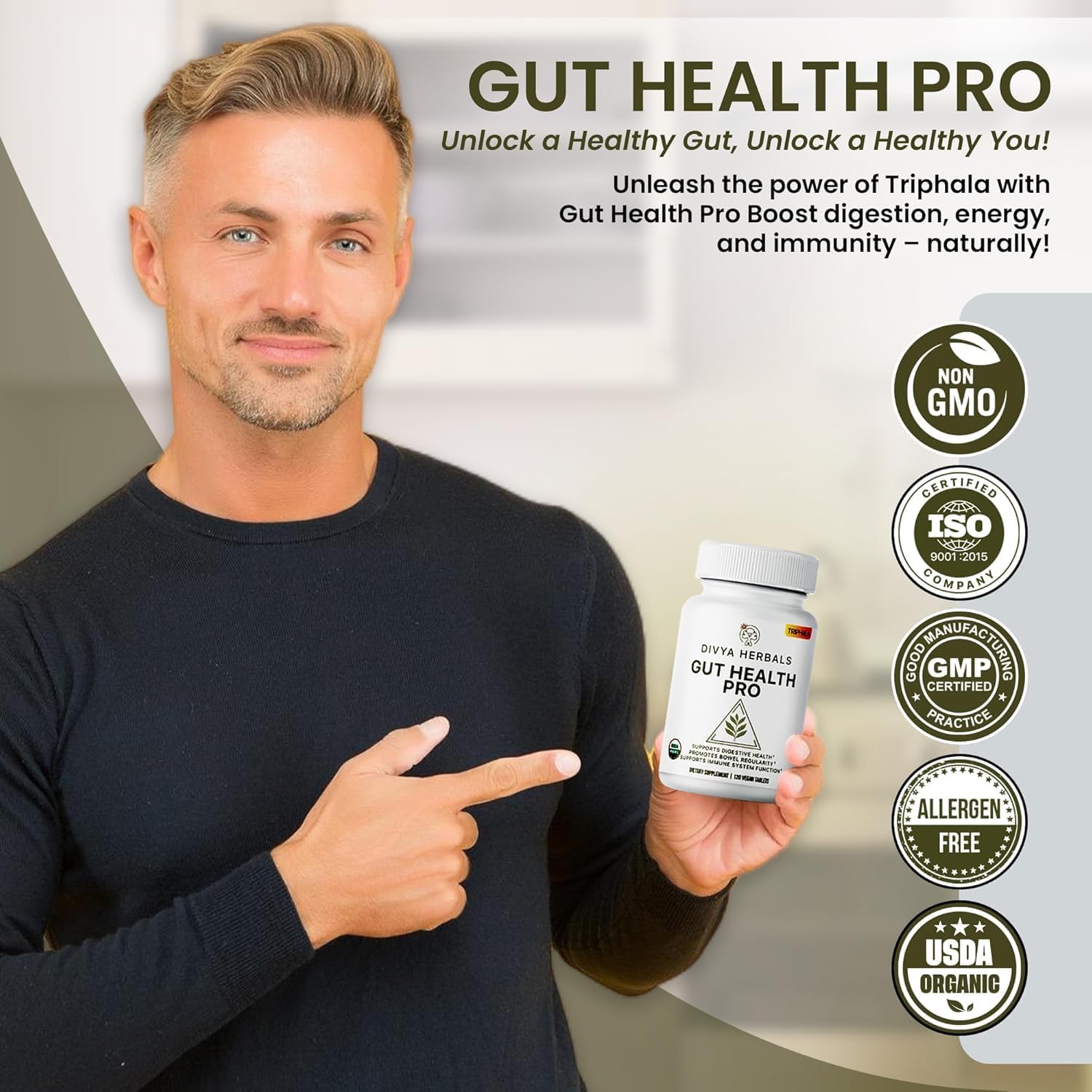 Gut Health Pro - Bloat Relief, Detox & Digestive Support - 100% Pure Organic Triphala Supplement - for Women & Men - Uncoated Vegan Tablets -120Ct