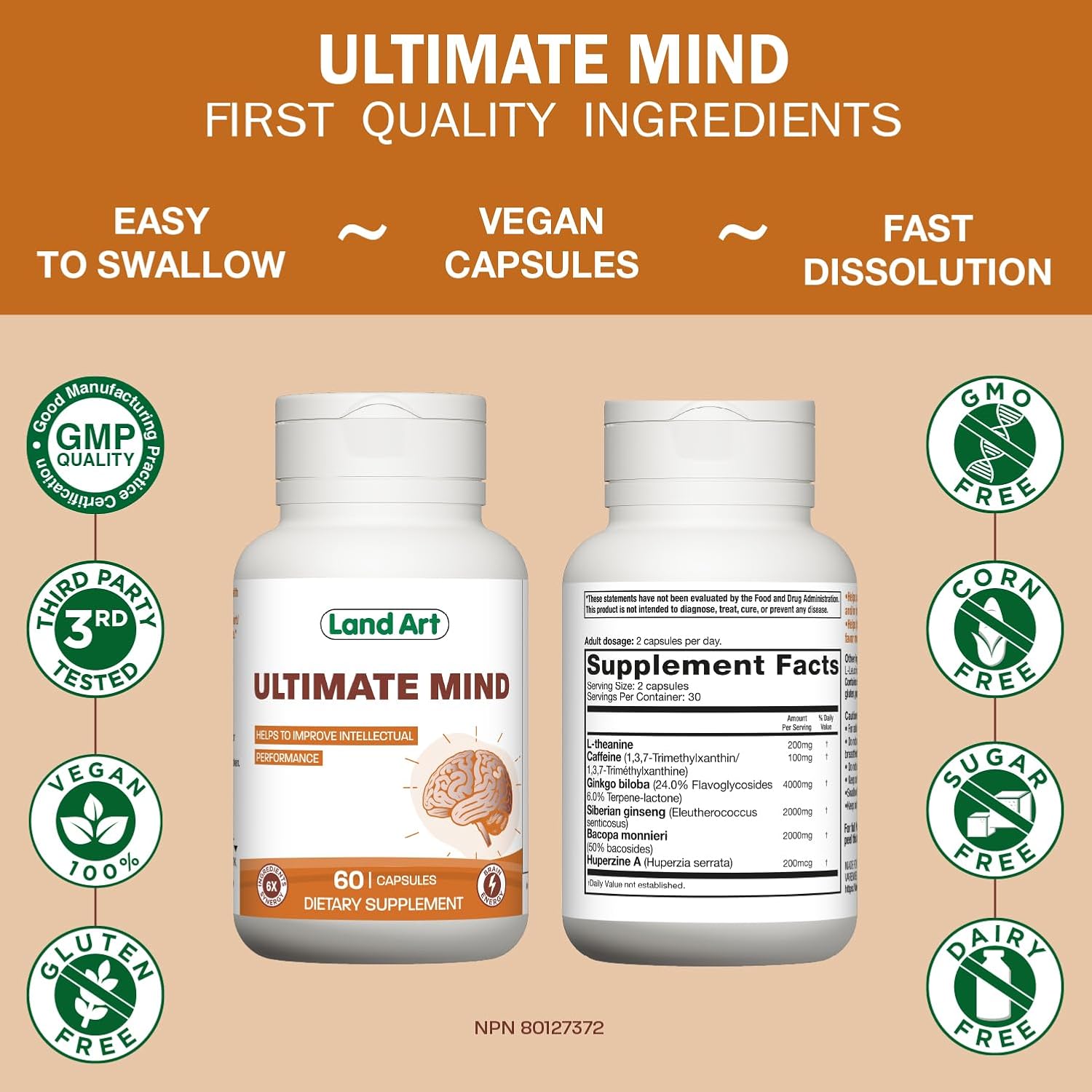 Ultimate Mind – Brain Supplement – Memory, Focus, Mental Sharpness, Brain Booster, Enhanced Productivity – 6 Ingredients: L-theanine, Ginko Biloba, Bacopa Monnieri, Ginseng and More - 60 Capsules
