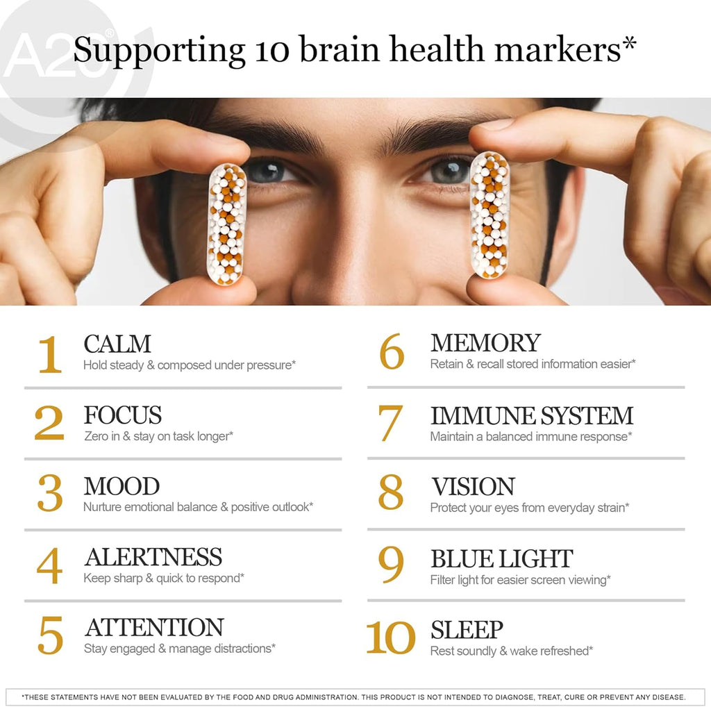 HCF A20 Microbead Brain Health Supplements for Adults for Memory, Focus, Calm, Mood, Alertness, Attention, Vision, Sleep, Immune System, 20 Premium Nootropic Nutrients Multivitamin & 7 Advances® Tech