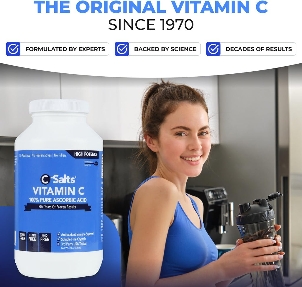 C-Salts Pure Ascorbic Acid Powder - High Dose 100% Pure Vitamin C Powder Supplement for Immune Support - Sugar-Free Powdered Drink with Soluble Fine Crystals, Organic, Corn-Free Non-GMO 24oz