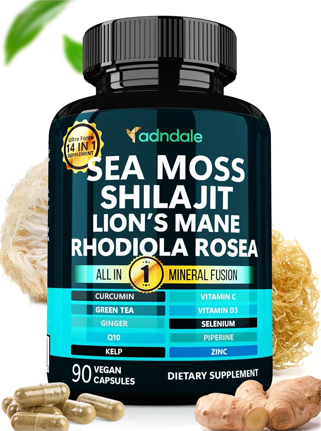 Adndale True Sea Moss Capsules. Shilajit for Men and Women Supplement with Lion's Mane, Rhodiola Rosea, CoQ10-90 Count