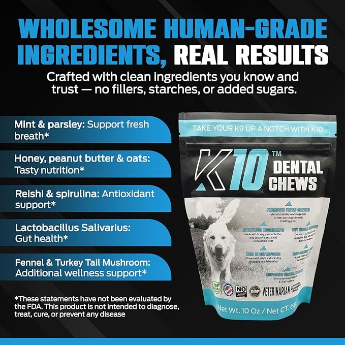 K10 Dental Chews (60 Count) – Low-Calorie Dog Chew with Human-Grade Ingredients – Dog Chews That Support Fresh Breath, Oral Hygiene, Digestion & Vitality – Vet-Preferred Dental Treats for Dogs
