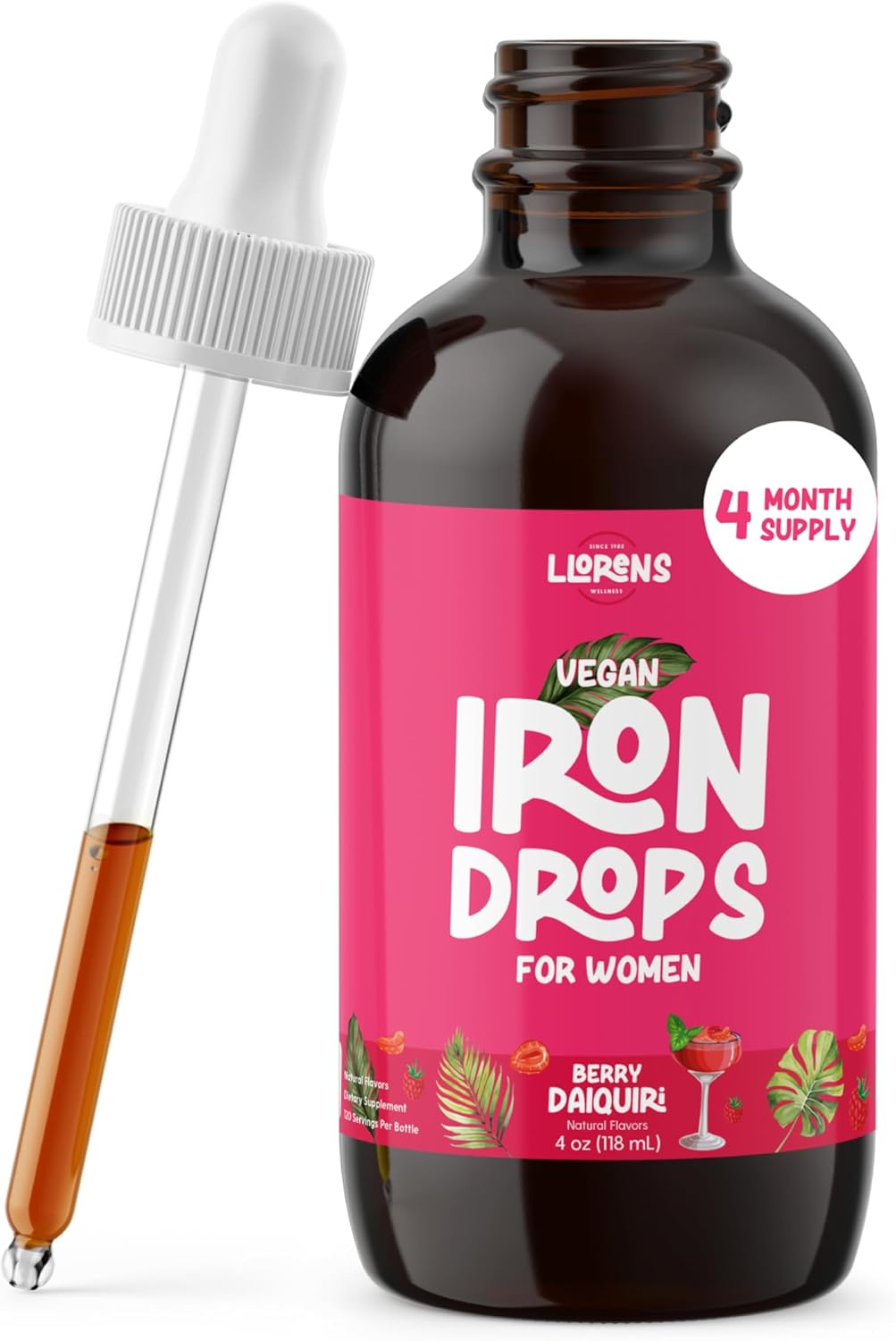 LLORENS PHARMACEUTICAL Iron Supplement for Women Iron Drops Daily Support, 20mg of Polysaccharide Complex Free Taste, Natural Sweeteners, Vegan and Paraben Free (Berry Daiquiri, 4 Fl Oz)