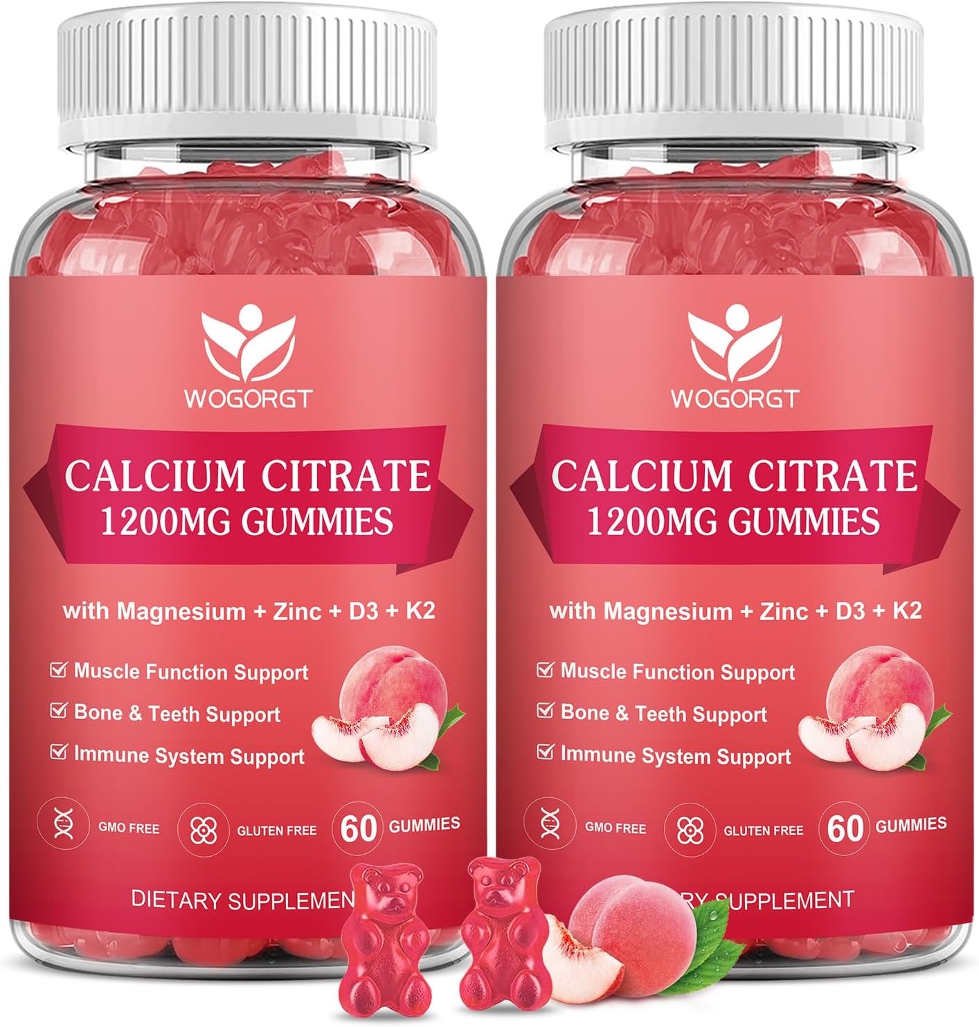 Calcium Citrate 1200mg Gummies with Vitamin D3, K2 - Chewable Calcium Magnesium Zinc d3 Supplement with Sea Moss Extract for Bone, Teeth, Immune Support for Women & Men, Peach Flavor-60 Gummies(2Pack)