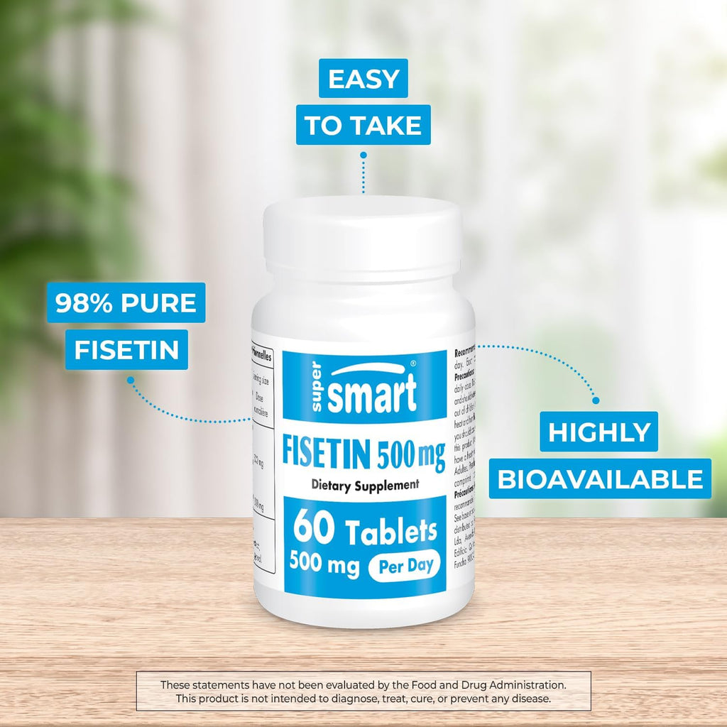 Supersmart - Fisetin 500mg per Day (Easy-to-Take) - 98% Pure Fisetin Supplement - Highly Bioavailable Polyphenol - Potent Senolytic Activator | Non-GMO & Gluten Free - 60 Tablets