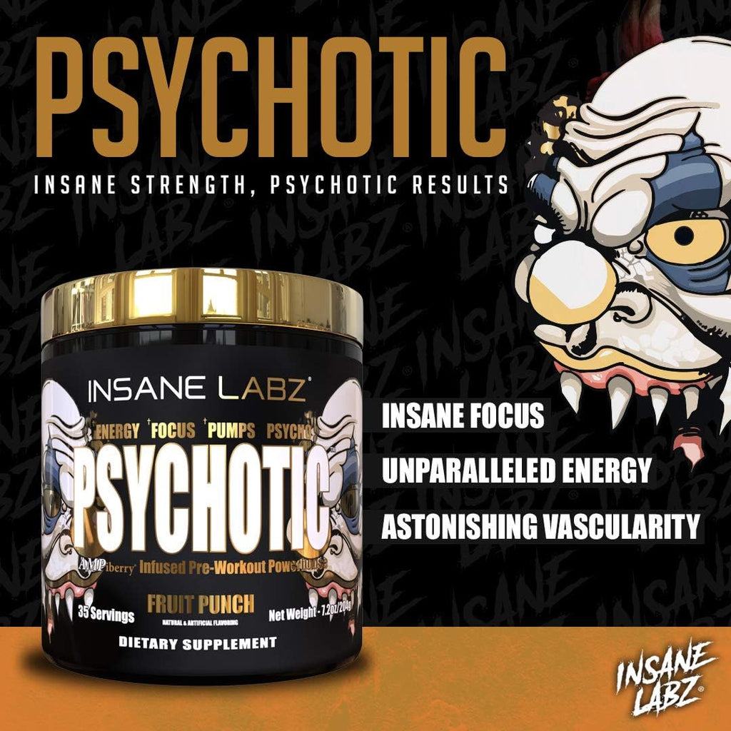 Insane Labz Psychotic Gold, High Stimulant Pre Workout Powder, Extreme Lasting Energy Focus, Pumps and Endurance with Beta Alanine, DMAE Bitartrate, NO Booster (35 Servings, Orange)