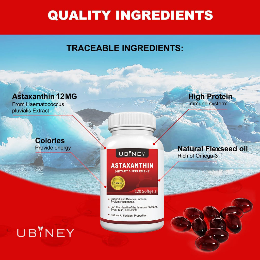 Premium Astaxanthin Supplements 12mg， Softgels 120 Servings, Supports Immune, Skin, Eye & Joint Health-Non-GMO, Gluten-Free, Microalgae Extract Supplement