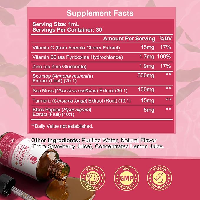 (2 Pack) Soursop Graviola Leaf Extract Liquid Drop Plus Pure Botanical Sea Moss for Cell Support & Regeneration, Immunity and Gut Health, Soursop Bitters Liquid丨Full Texture,Strawberry Flavor,1 Fl Oz