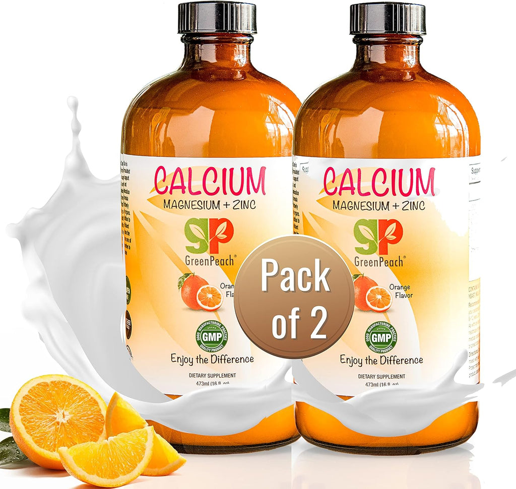 GreenPeach Liquid Calcium for Kids - Magnesium, D3 & Zinc Supplement - Calcium Citrate & Vitamin D3 Kids Calming Syrup - No Sugar No Artificial Flavors - Vegetarian Kosher (2-Pack)