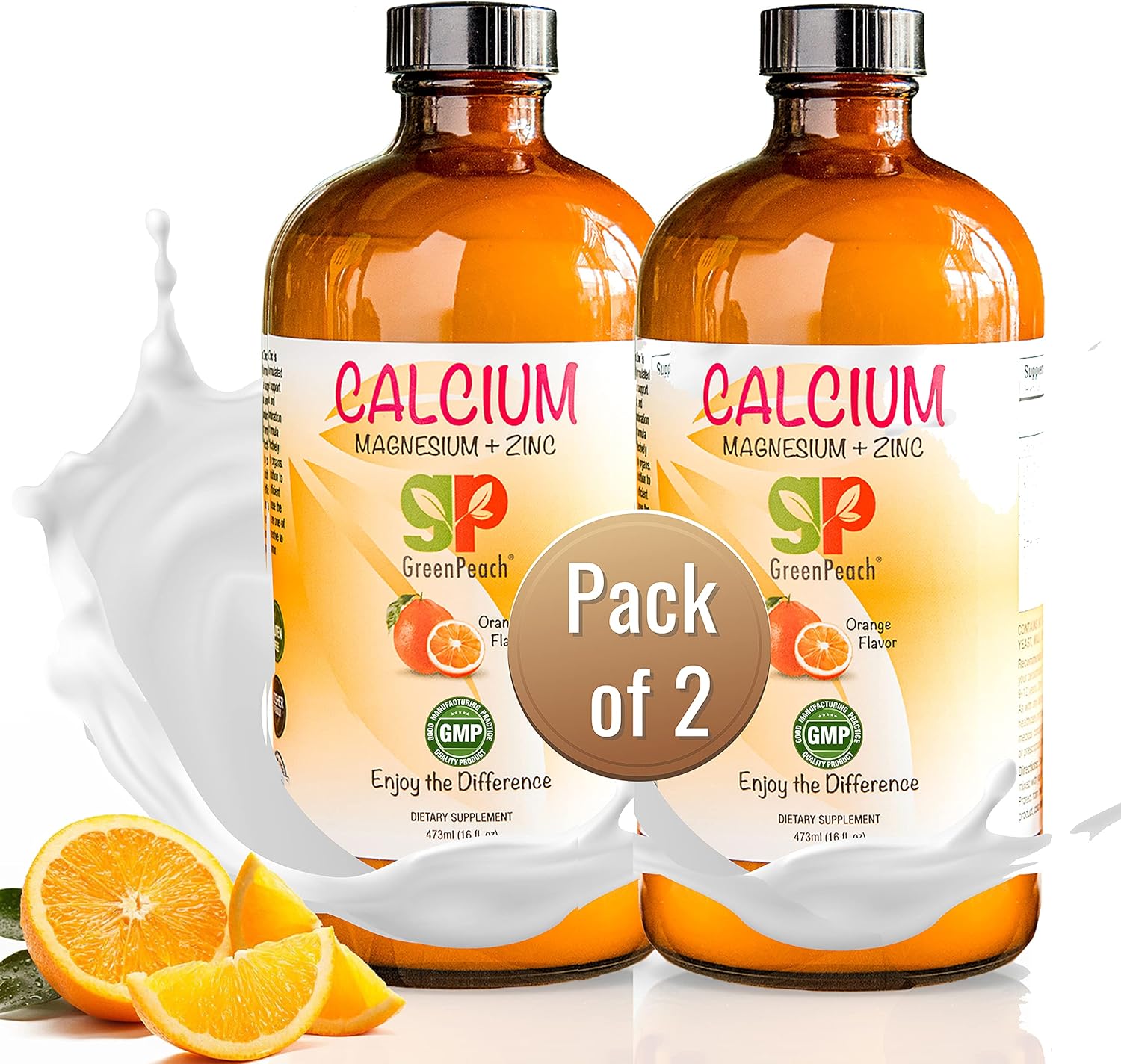 GreenPeach Liquid Calcium for Kids - Magnesium, D3 & Zinc Supplement - Calcium Citrate & Vitamin D3 Kids Calming Syrup - No Sugar No Artificial Flavors - Vegetarian Kosher (2-Pack)