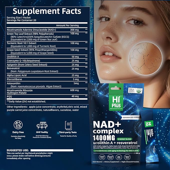 1400mg NAD+ Liquid Supplement for Anti Aging and Cell Regeneration, Urolithin A, Premium Alternative Liposomal, Nicotinamide Riboside with Resveratrol, PQQ & CoQ10 - Advanced Cellular Energy, 20 Pack