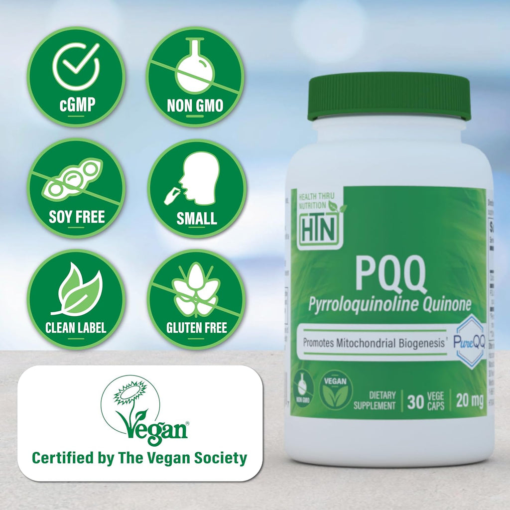 Health Thru Nutrition PQQ 20mg 30 Servings Pyrroloquinoline Quinone as PureQQ | Promotes Mitochondrial Biogenesis | Certified Vegan | Non-GMO Gluten Soy Free Capsules| Clean Label PQQ Supplement