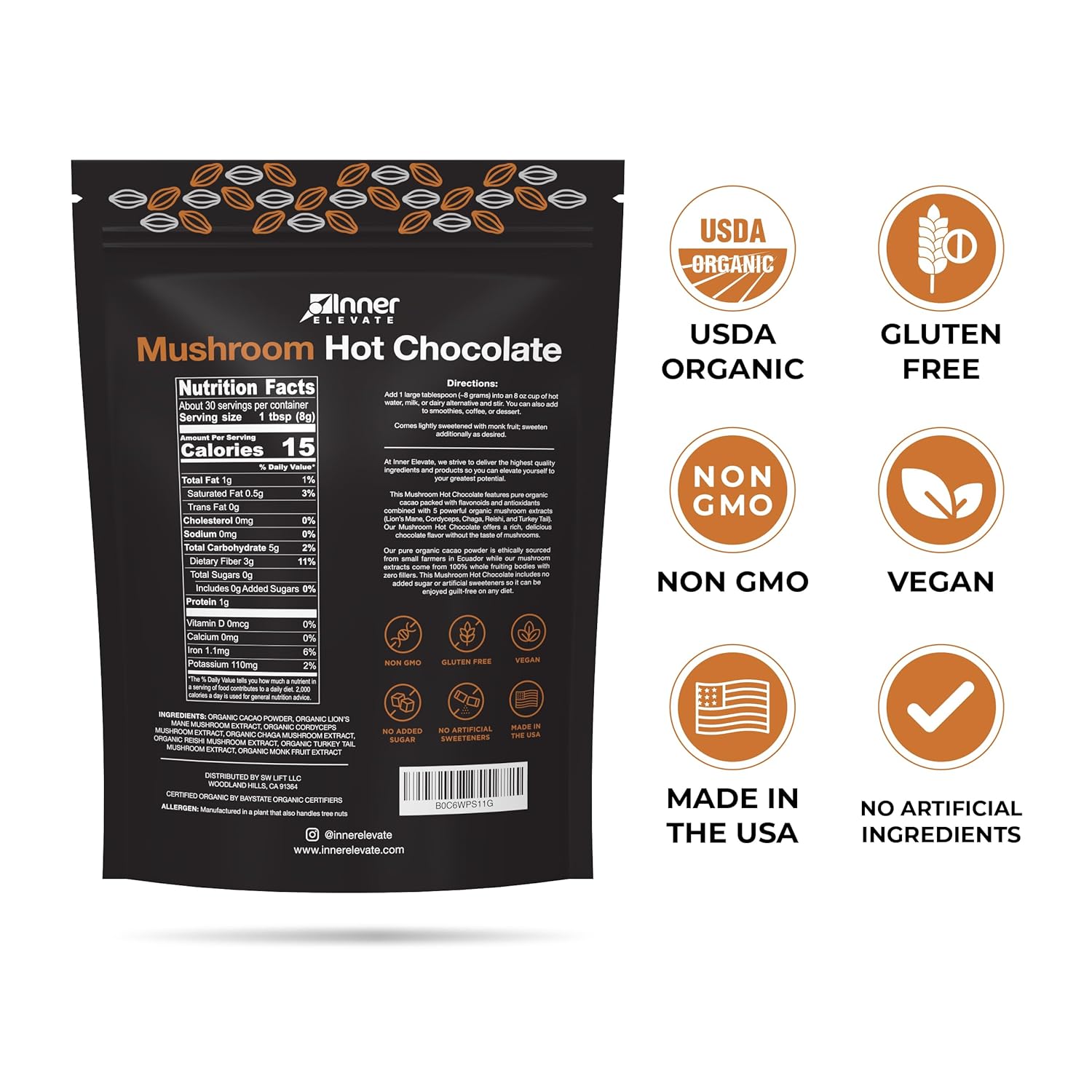 Inner Elevate Mushroom Hot Chocolate Superfood - Ceremonial Cacao with 5 Mushrooms (Lion's Mane, Cordyceps, Chaga, Reishi, Turkey Tail) - Great as a Coffee Alternative, Hot Chocolate, or Smoothie (30 Servings)