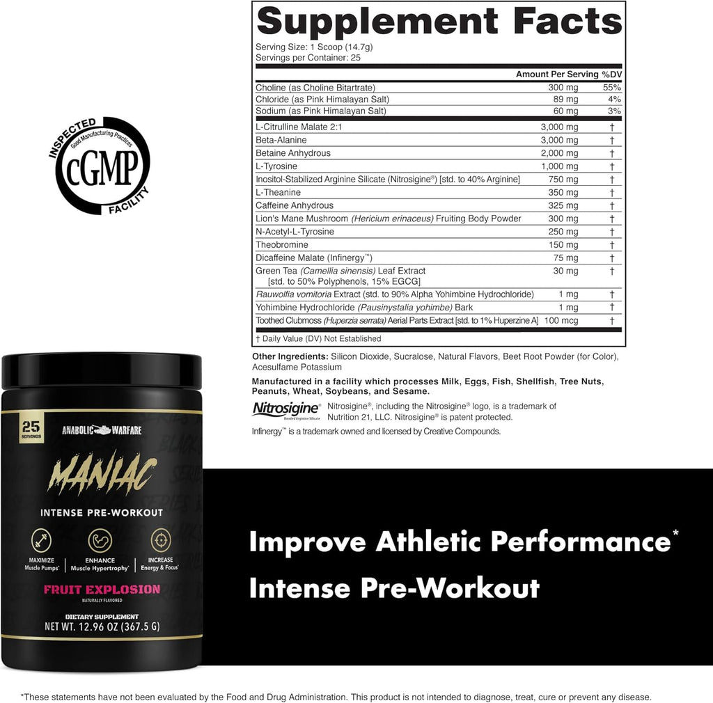 Anabolic Warfare Black Series Maniac, Pre-Workout Powder, Supports Nitric Oxide, Muscle Pumps, and Protein Synthesis* Fruit Explosion