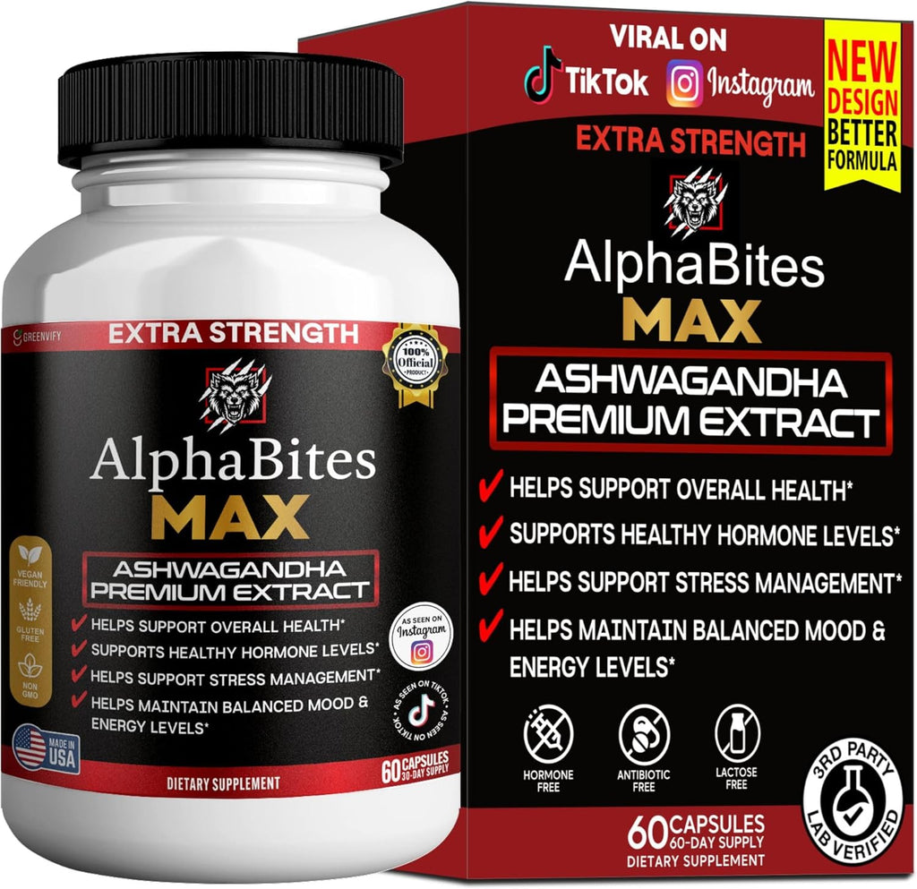 AlphaBites MAX Ashwagandha Extract, 60 Vegan Capsules, Gluten Free, Non-GMO (1)