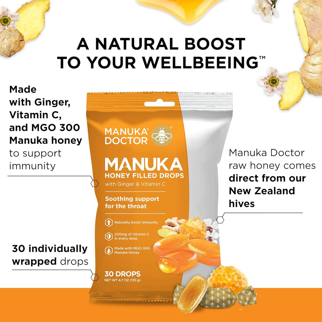 Manuka Doctor Cough Drops, Manuka Middles, 30 Drops (Pack of 2) Bag Throat Lozenges Infused with Raw Manuka Honey, Vitamin C & Ginger for Immune Support, Helps Soothe Sore Throat