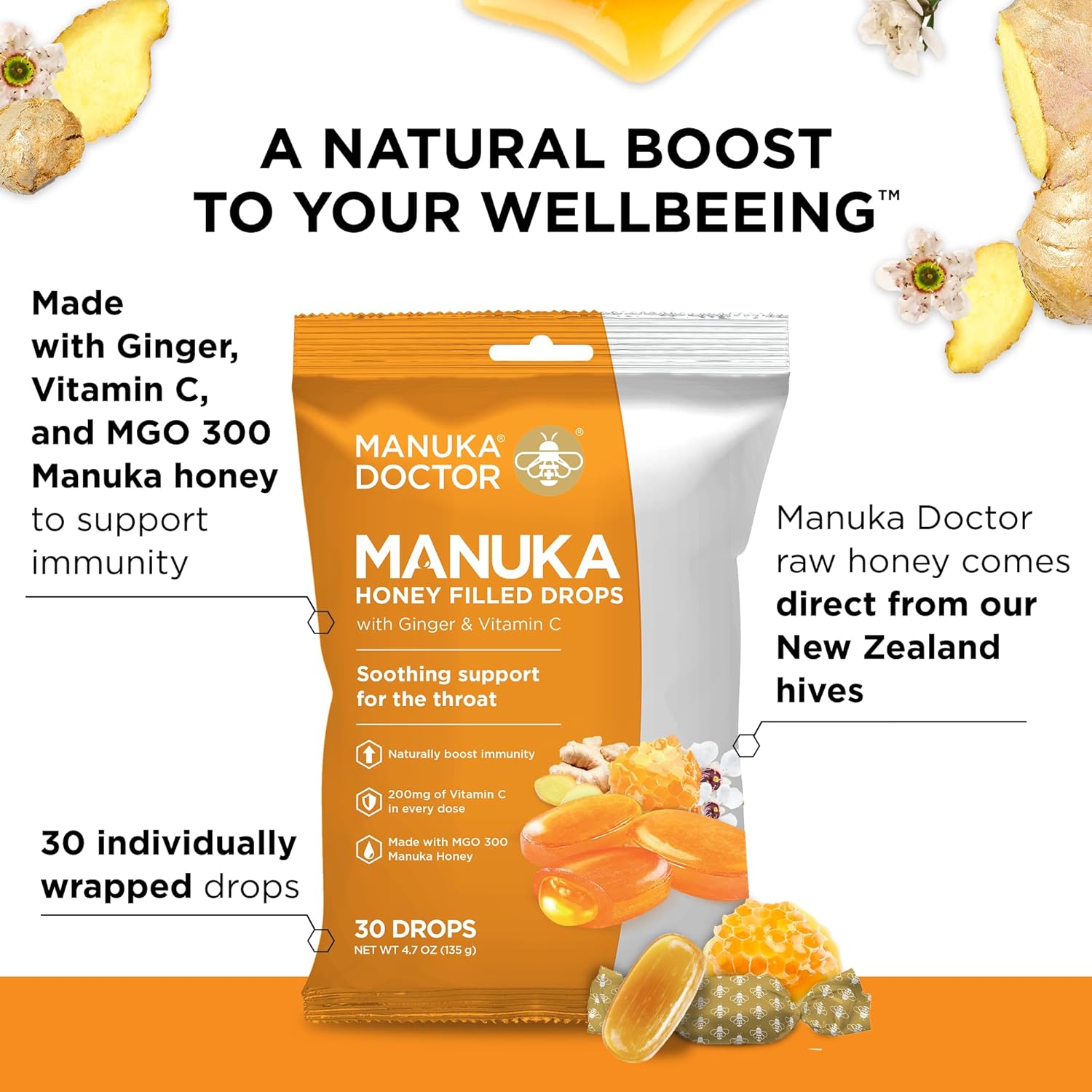 Manuka Doctor Cough Drops, Manuka Middles, 30 Drops (Pack of 2) Bag Throat Lozenges Infused with Raw Manuka Honey, Vitamin C & Ginger for Immune Support, Helps Soothe Sore Throat