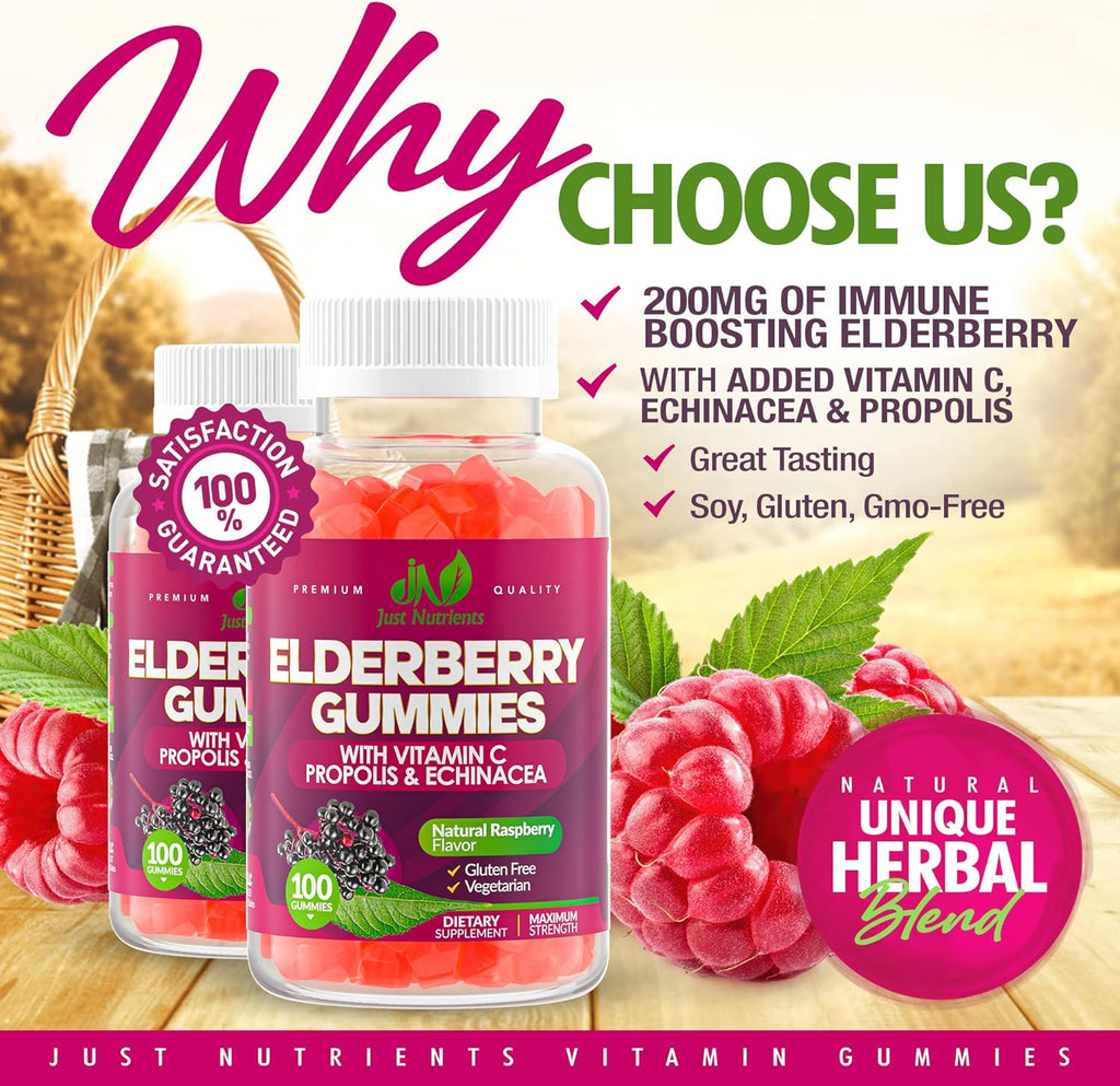 Elderberry Gummies with Vitamin C, Echinacea, Propolis (100 count) - Immune Support for Adults & Kids - Maximum Strength, Great Tasting Raspberry Flavor - Gluten-Free, Vegan - 100 Gummies