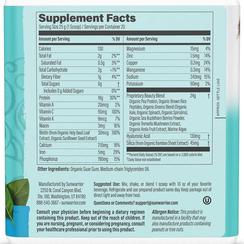 Vegan Collagen Building Powder Protein Peptide with Biotin Vitamin C Hyaluronic Acid Collagen Protein Powder for Hair Skin Nail Dairy Free Gluten Free | Unflavored by Sunwarrior