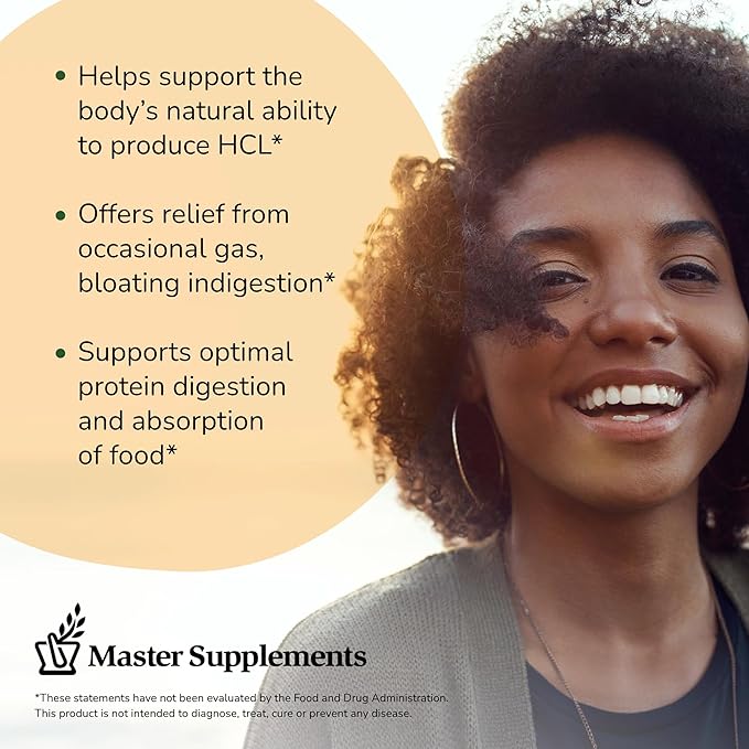 Master Supplements HCL-Stim - 30 Vegetable Capsules - Provides Digestive Support + Gas & Bloating Relief - Vegan, Gluten Free - 30 Servings