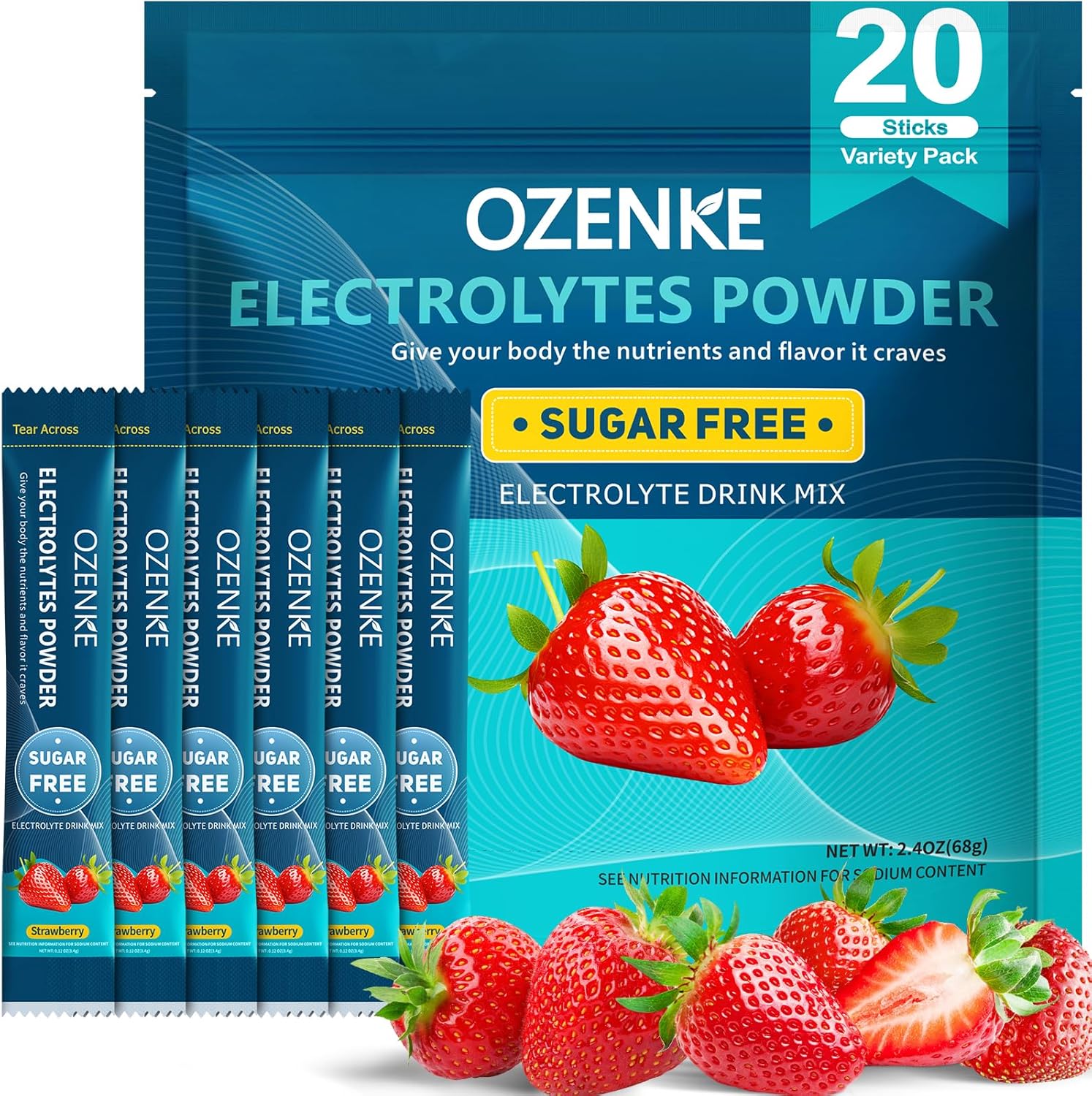 Electrolytes Powder Packets, Hydration Packets, Electrolyte Drink Mixes for Rapid Hydration, 7 Flavors, 0 Sugar, 0 Calorie (20 Servings (Pack of 1), Strawberry)