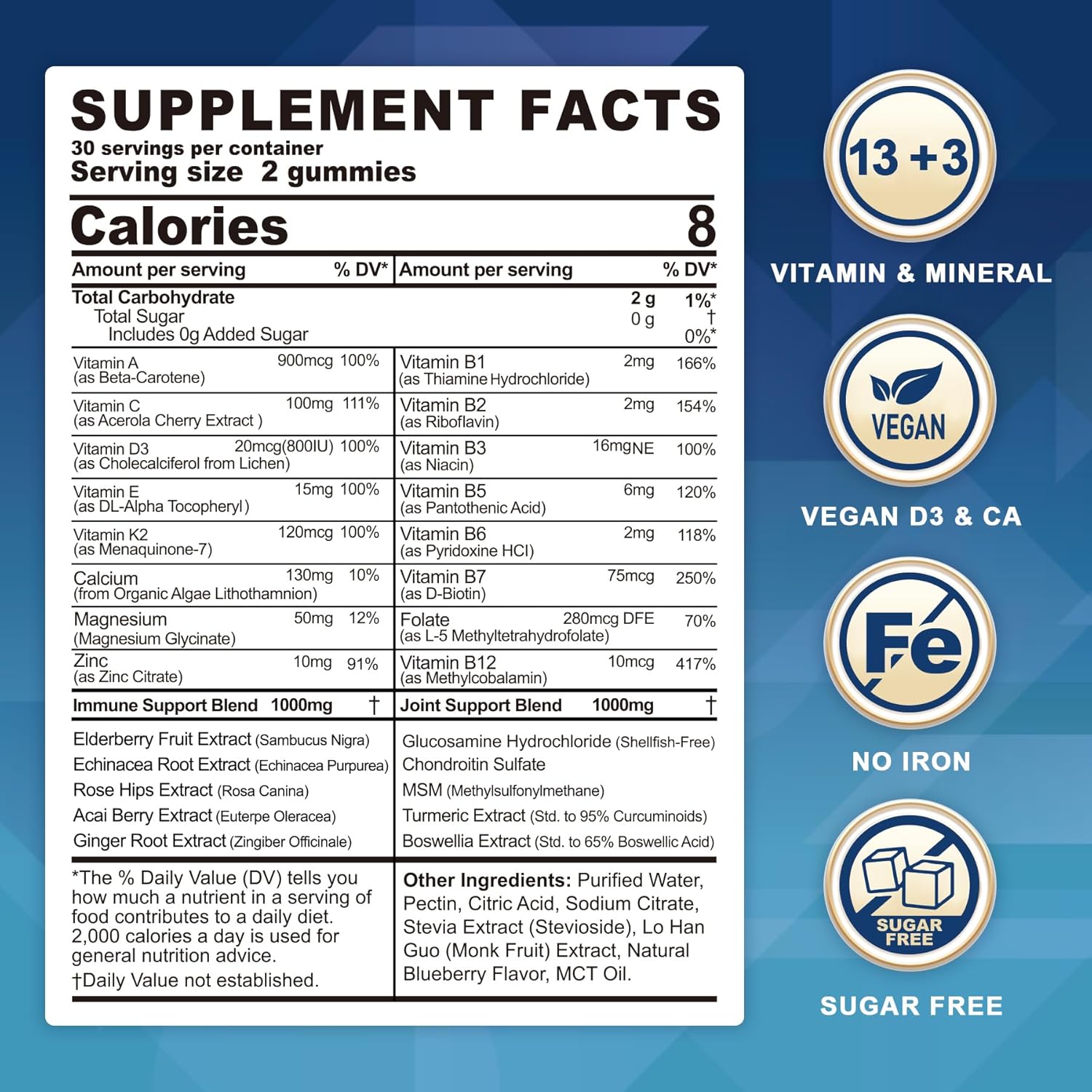 Methylated Multivitamin for Men/Women Gummies, Mens/Womens Multivitamin 50 Plus, with Glucosamine Chondroitin MSM Echinacea Sugar Free Chewable Multi Vitamins B D3 K2 A C E for Adults Seniors, 120 Cts