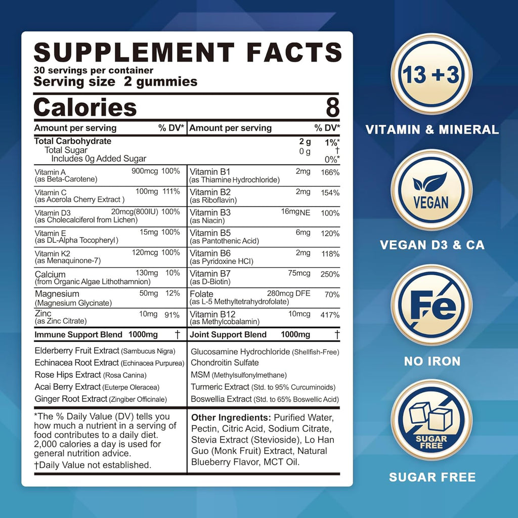 Men's & Women's Sugar Free Methylated Multivitamin 50 Plus with Glucosamine Chondroitin MSM, Iron Free Gummies for Senior with Multi Vitamin D3 K2 & A C E, B Complex - 60 Count (Pack of 1)