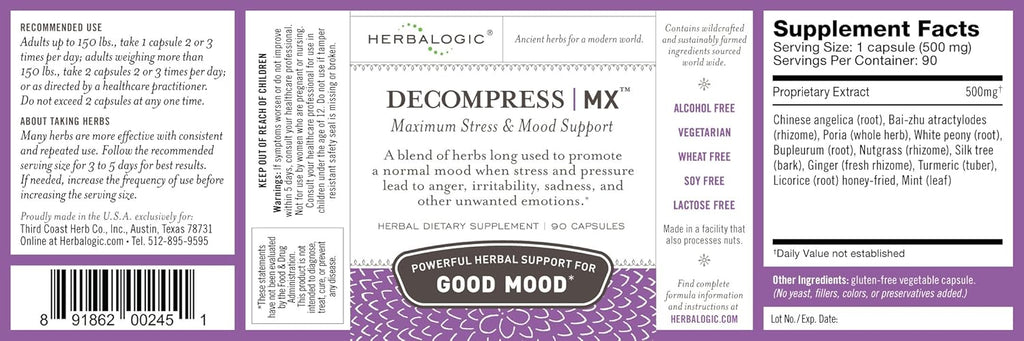 Decompress MX Herb Capsules - Maximum Stress & Tension Relief - Reduces Anger & Moodiness, Positive Mood Support - Based on The Traditional Chinese Formula Xiao Yao San - 90 Cap Count