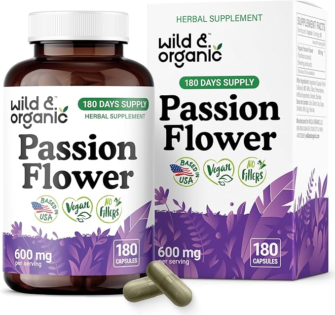 Wild & Organic Passion Flower Capsules 600 mg - Calming & Mood Support - Passionflower Extract Supplement - Passiflora Incarnata Herb - Vegan, No Fillers, Non-GMO - 180 Count