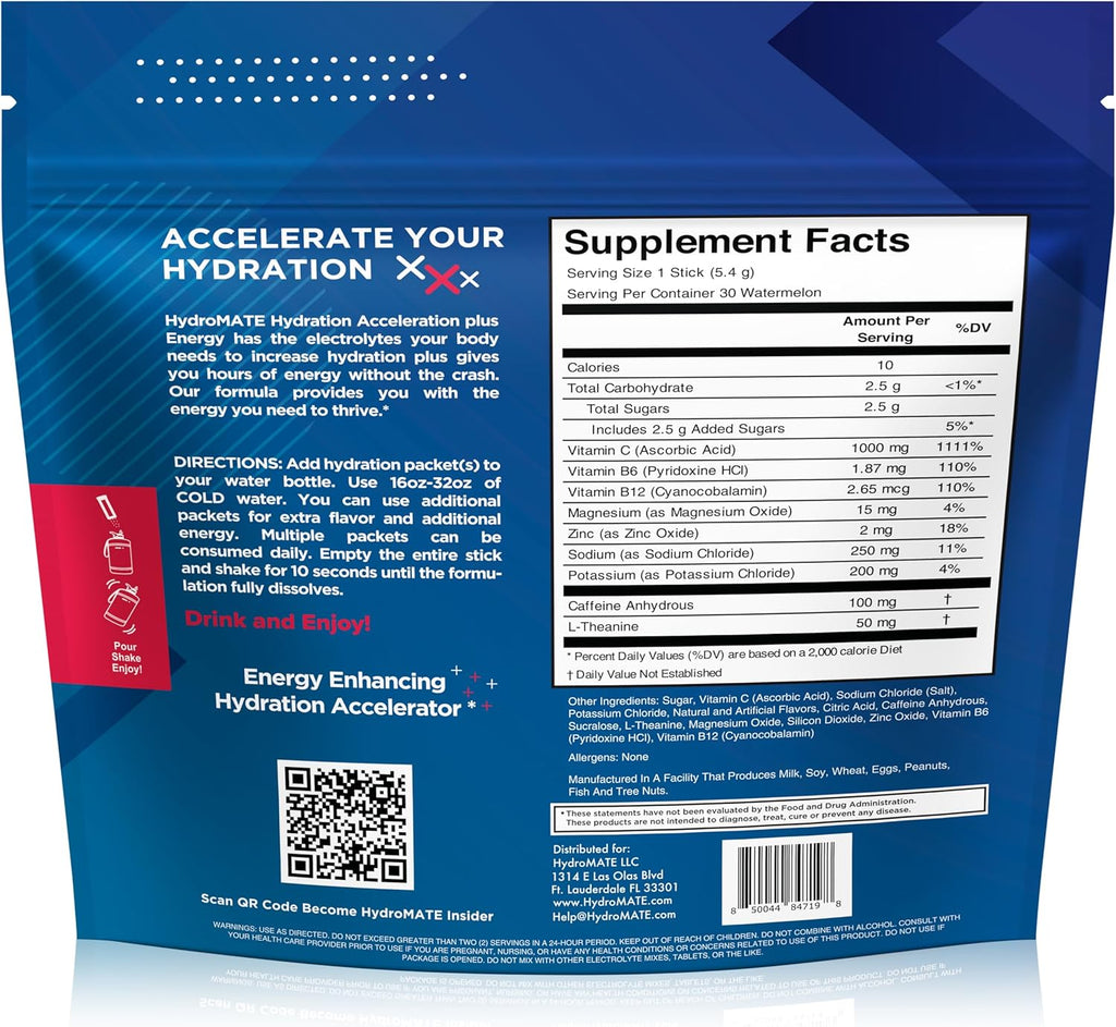 HydroMATE Electrolytes Powder Drink Mix Packets Hydration Accelerator Low Sugar Rapid Party Relief Recovery Vitamin C Plus Caffeine Watermelon 16 Count