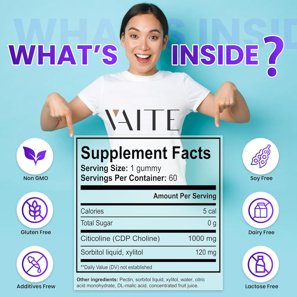 Citicoline 1000mg Supplements – CDP Choline for Brain Support, Memory, Focus & Mental Performance – Helps Maintain Clarity & Concentration – for Adults – Non-GMO, Vegan, 60 Gummies
