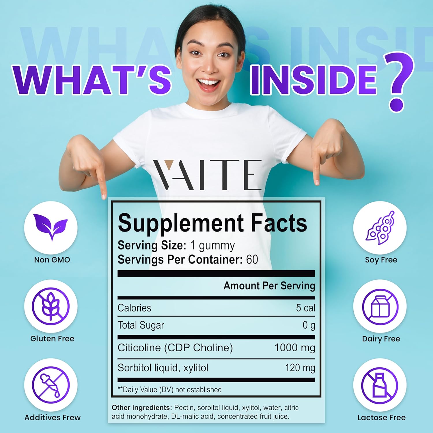 Citicoline 1000mg Supplements – CDP Choline for Brain Support, Memory, Focus & Mental Performance – Helps Maintain Clarity & Concentration – for Adults – Non-GMO, Vegan, 60 Gummies