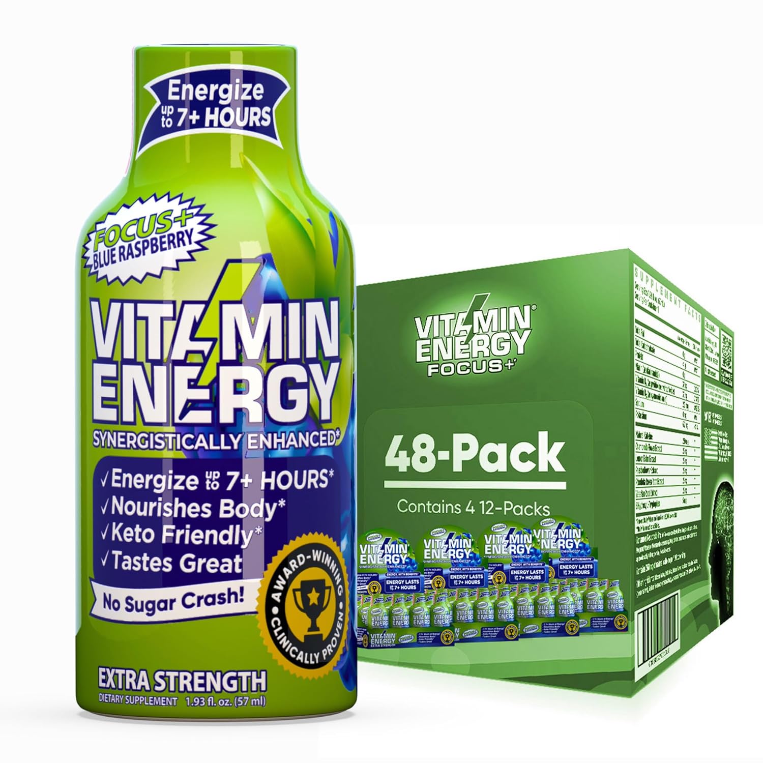 Vitamin Energy Focus+ Extra Strength Energy Shot Blue Raspberry 48 Pack, 260mg Natural Caffeine, B-Vitamins, CoQ10, Amino Acids, Focus, Productivity & Clarity, Zero Sugar, Gluten-Free, 1.93 fl oz