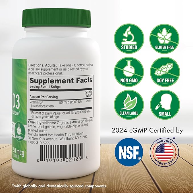 Health Thru Nutrition Vitamin D3 2000iu 365 Mini Softgels for Maximum Benefits | Year Supply | 50mcg Cholecalciferol | 3rd Party Tested | Non-GMO USP Grade in EVOO | Immune Health Support