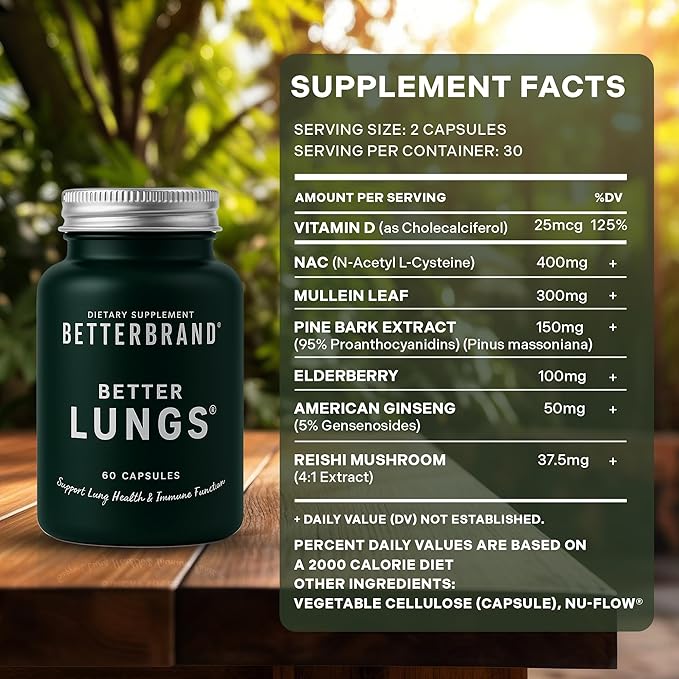Betterbrand BetterLungs Lung Support Supplement with NAC, Mullein Leaf for Smokers, Respiratory Health Formula with Elderberry, Vitamin D, Ginseng, Reishi Mushroom - 60 Capsules - Pack of 3