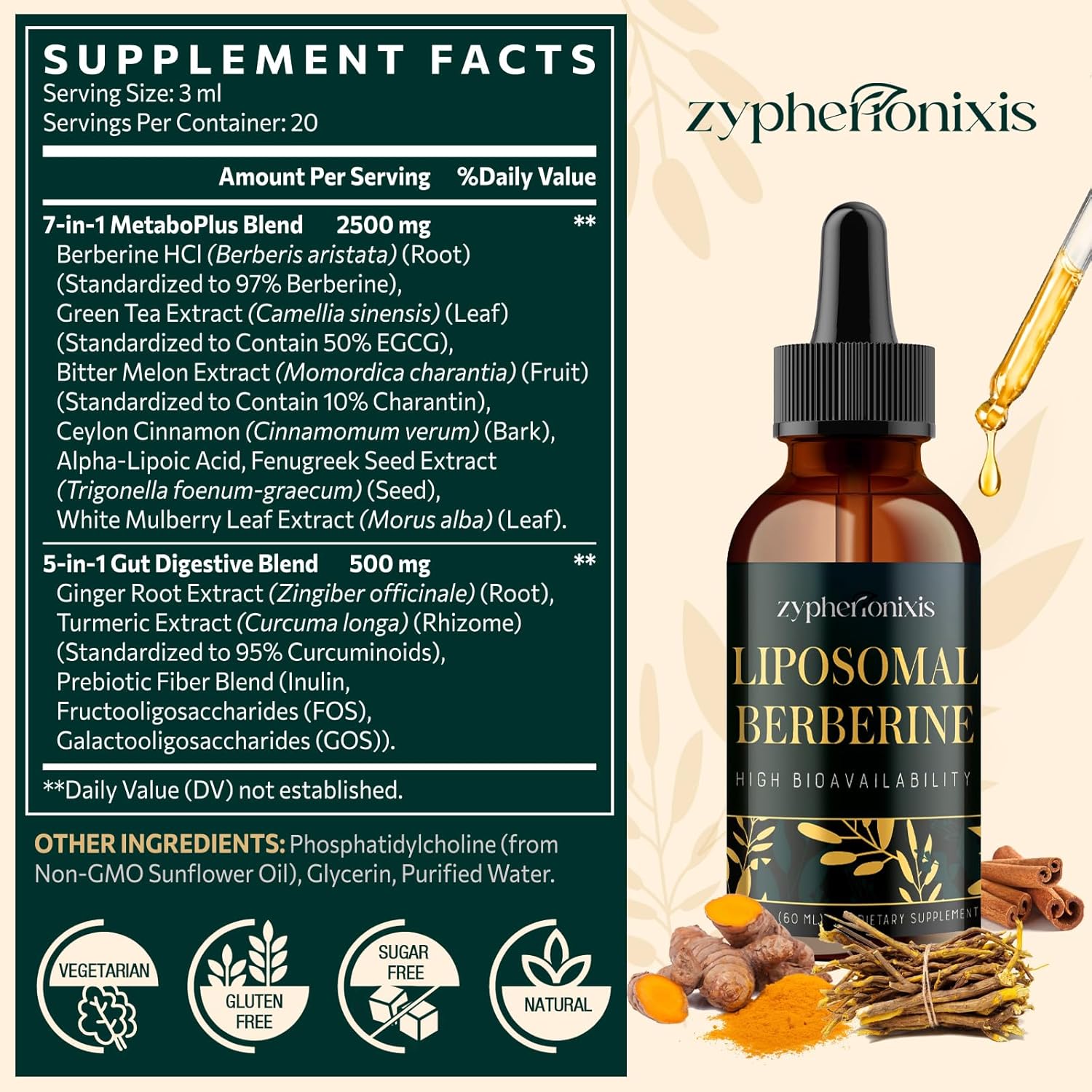 Liposomal Berberine HCL Supplement Liquid 3000mg - High Absorption Berberine Drops with Ceylon Cinnamon - 12-in-1 Formula AMPK Activator, Sugar Free - 2 fl oz