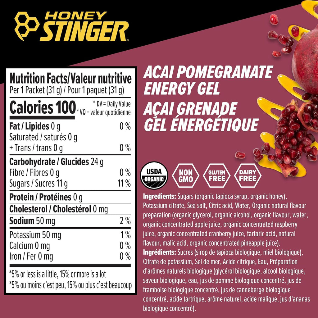 Honey Stinger Organic Acai Pomegranate Energy Gel, Gluten Free & Caffeine Free, for Exercise, Running and Performance, Sports Nutrition for Home & Gym, Pre and Mid Workout, 24 Pack, 26.4 Ounce