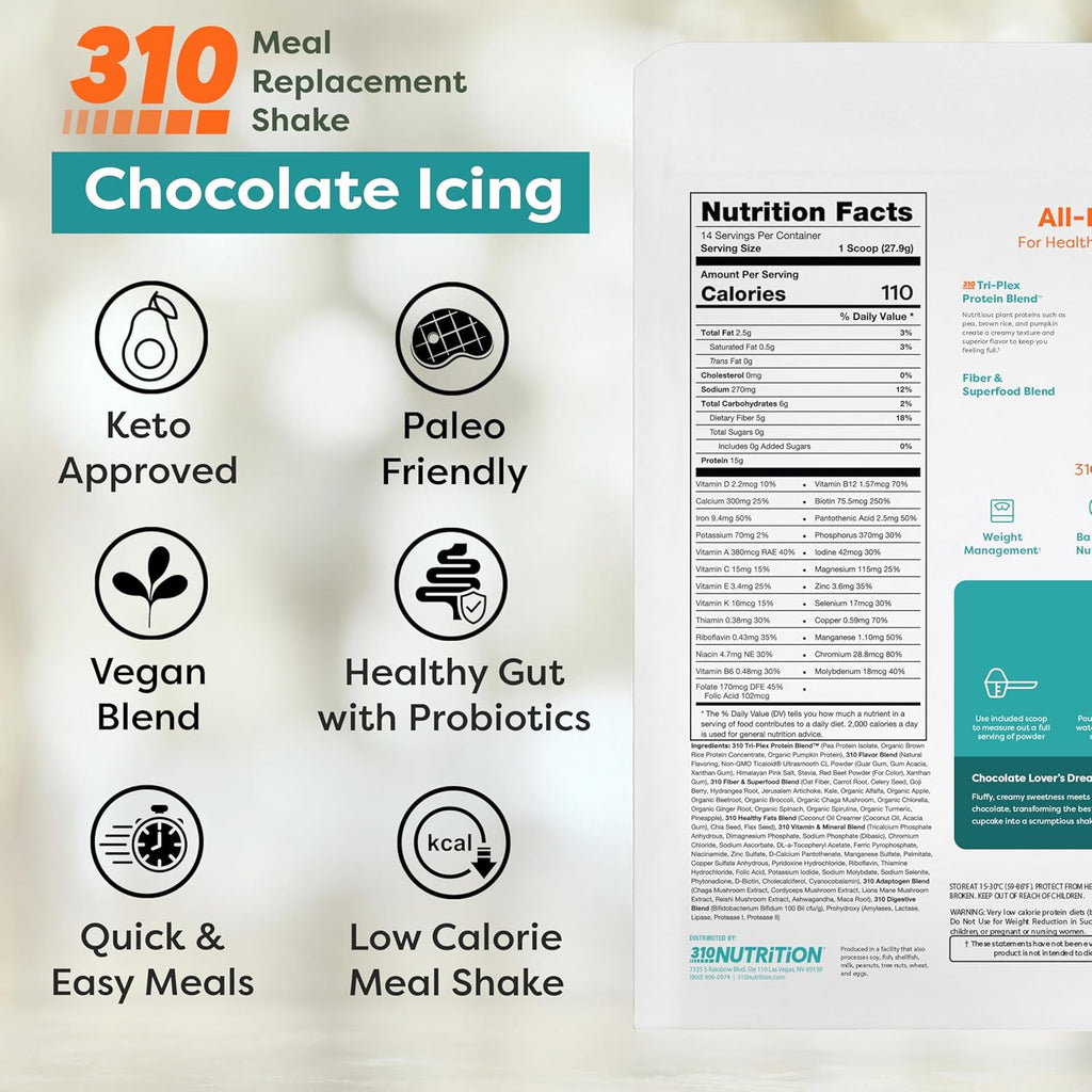 310 Nutrition All-In-One Meal Replacement Shake Powder - Plant-Based Protein Smoothie Blend w/High Fiber, Probiotics & Adaptogens - Low Carb, Vegan, Keto & Paleo Friendly - Chocolate Icing - 28 Srv