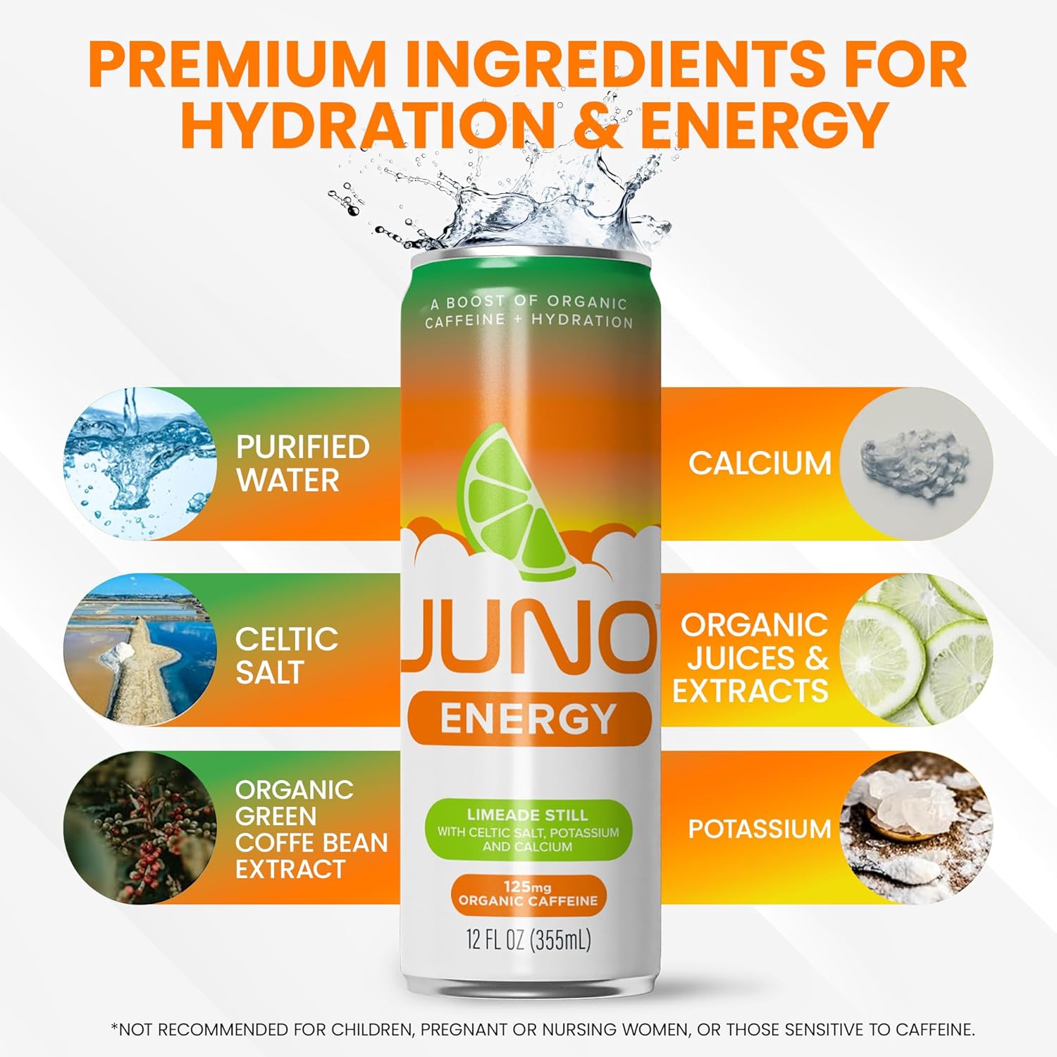 JUNO ENERGY Limeade Still Drink - Sugar Free Electrolytes 125mg Organic Caffeine from Green Coffee Beans, Hydrating with Monk Fruit Sweetener, Organic Lime Juice - Vegan, Gluten Free, 12 Pack
