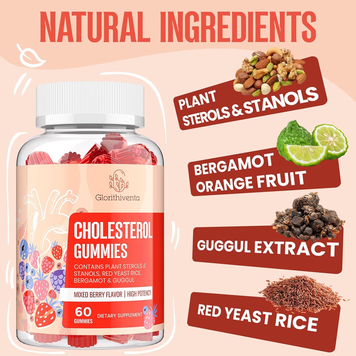 Cholesterol Supplement with Plant Sterols & Stanols, Guggul, Bergamot Orange Extract, Red Yeast Rice, Cholesterol Complex Gummies, Mixed Berry Flavor, 120 Counts