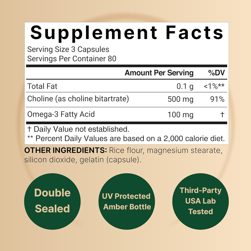 NatureBell Choline Supplements 500mg with Omega-3 Fatty Acids, 240 Capsules | High Potency Choline Bitartrate – Prenatal Support During Pregnancy – Promotes Energy, Liver, Brain, & Cognitive Health