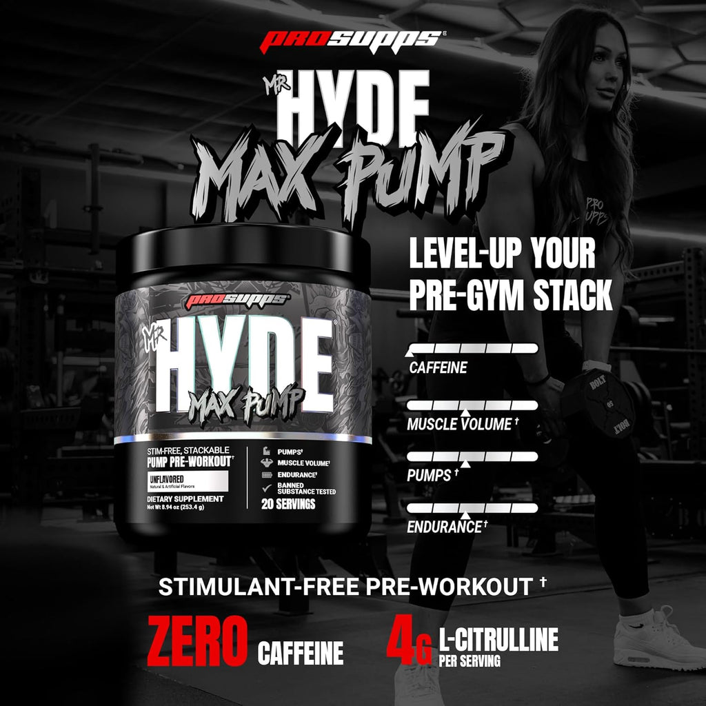 PROSUPPS Mr. Hyde Max Pump Pre Workout Powder - Stim-Free Preworkout Supports Blood Flow, Muscle Volume & Endurance - Caffeine-Free Nitric Oxide Gym & Fitness Supplements (Unflavored, 20 Servings)