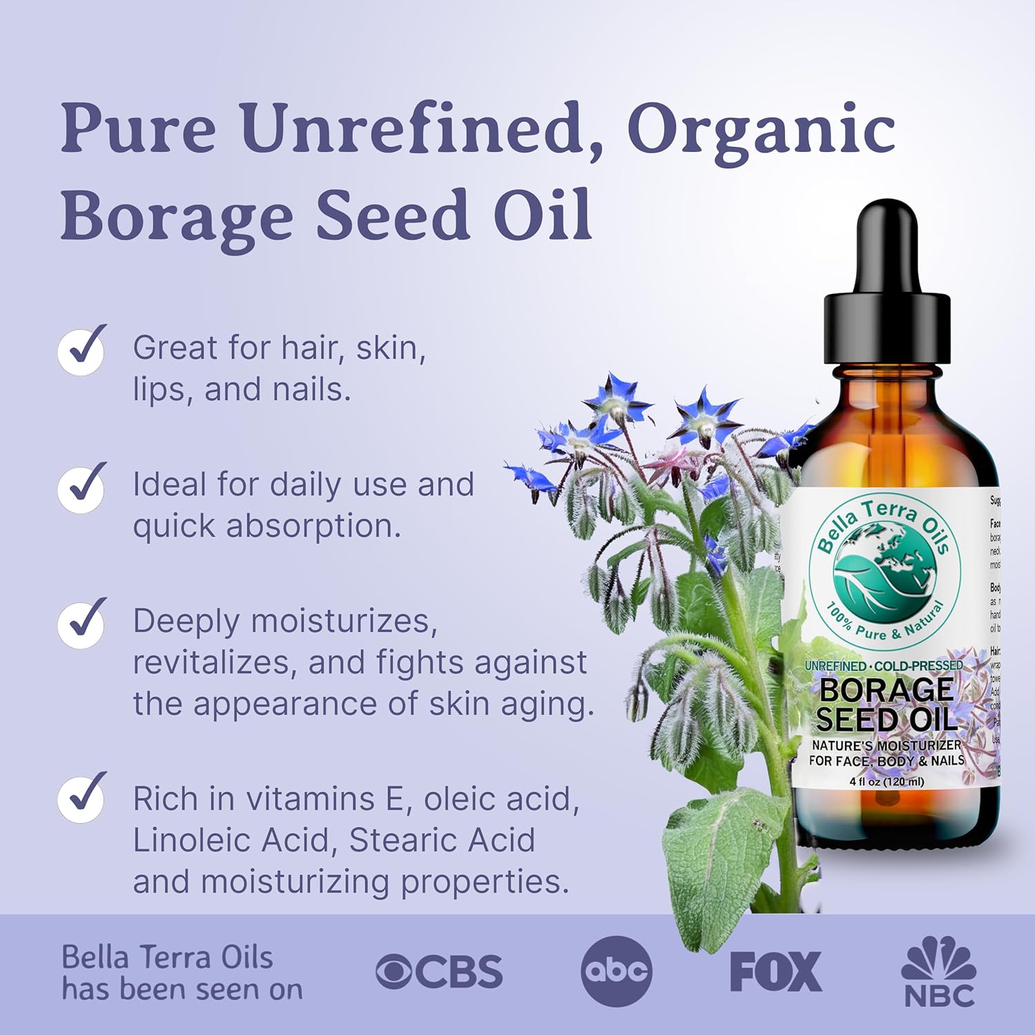 Bella Terra Oils Premium Borage Seed Oil with High GLA – 1 gallon, Luxurious Skin Radiance, Quick Absorption, Nourishing