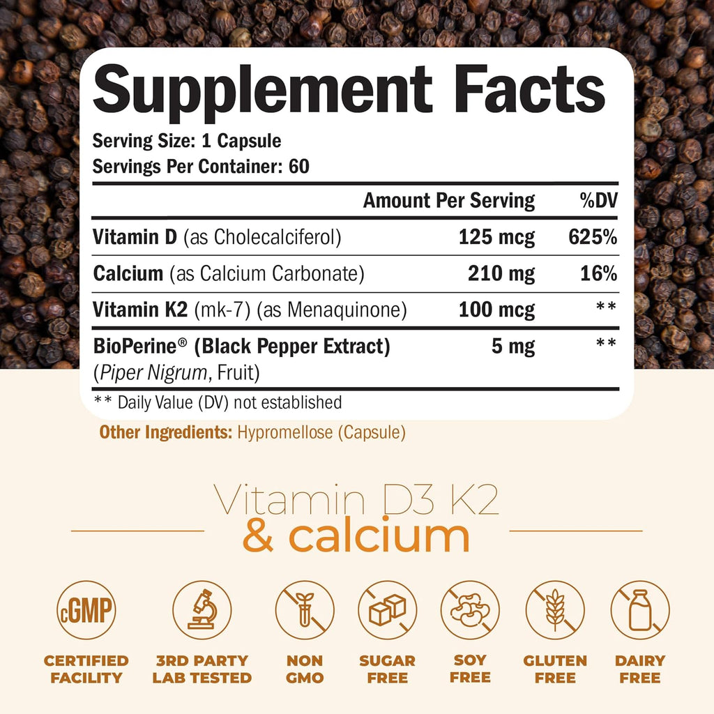 Vitamin D3 K2 & Calcium Supplement with BioPerine for Immune & Bone Health - Vitamin K2 as MK7 + Calcium + Vit D3 5000 IU. 4 in 1 Support for Strong Bones, Teeth and Heart Health. Non-GMO. 60 Capsules