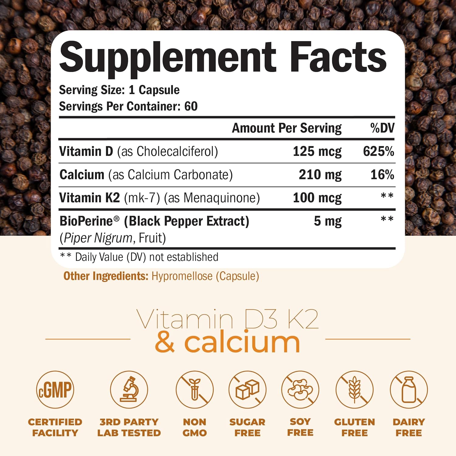 Vitamin D3 K2 & Calcium Supplement with BioPerine for Immune & Bone Health - Vitamin K2 as MK7 + Calcium + Vit D3 5000 IU. 4 in 1 Support for Strong Bones, Teeth and Heart Health. Non-GMO. 60 Capsules