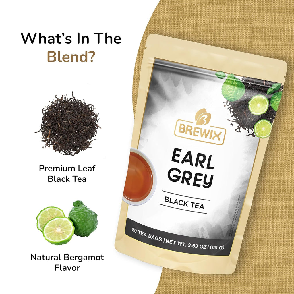 BREWIX, Earl Grey Black Tea (50 Pyramid Tea Bags) Black Tea with Bergamot | Gluten Free, Energizing & Caffeinated | Sugar-Free, High Caffeine | Gourmet Tea