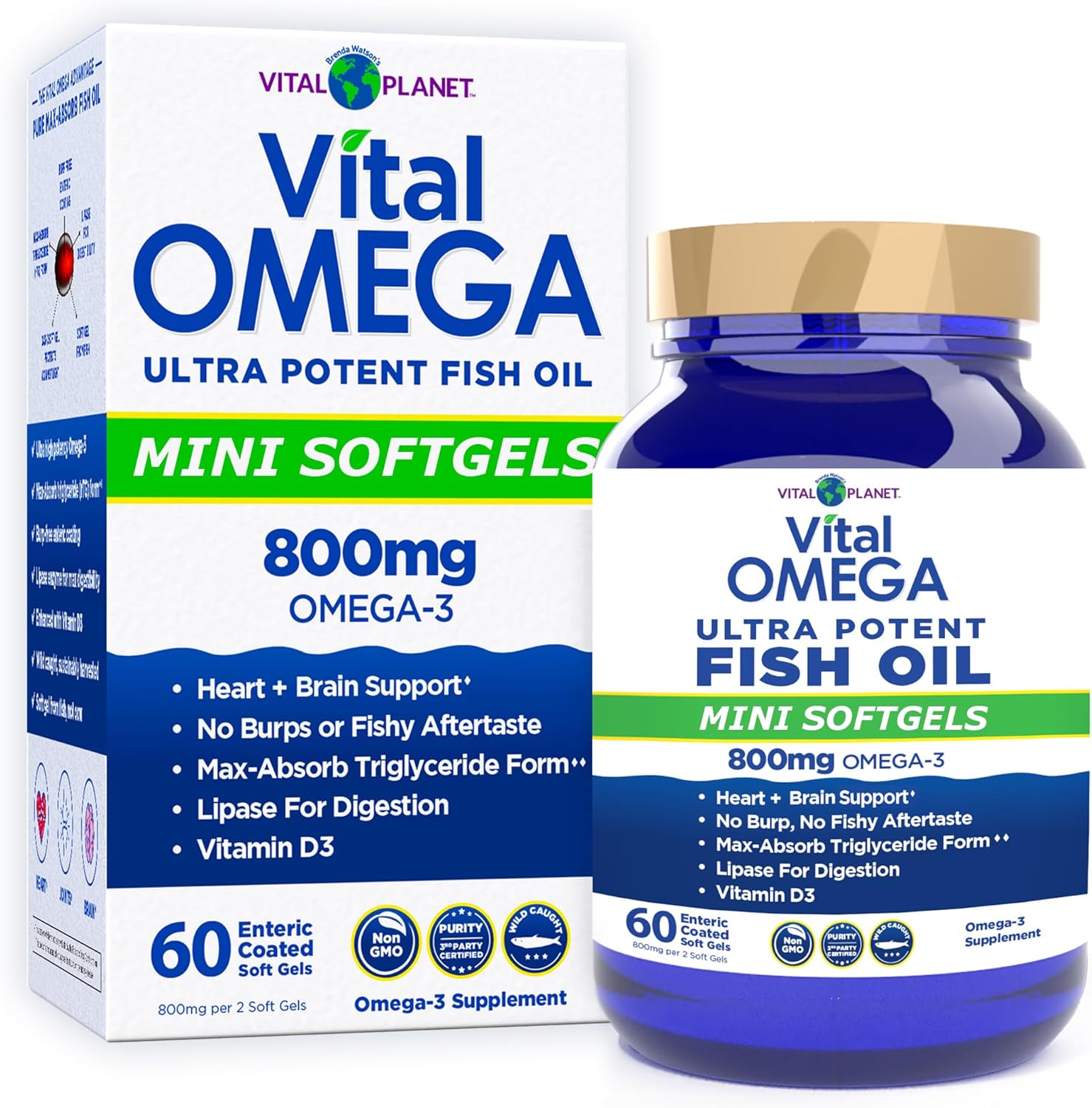 Vital Planet - Vital Omega 3 Fish Oil Mini Softgels Supplement with 800mg of High Potency Wild Caught Omega 3 Fatty Acid Supplements EPA DHA and DPA for Heart Health 60 Softgels (Packaging May Vary)