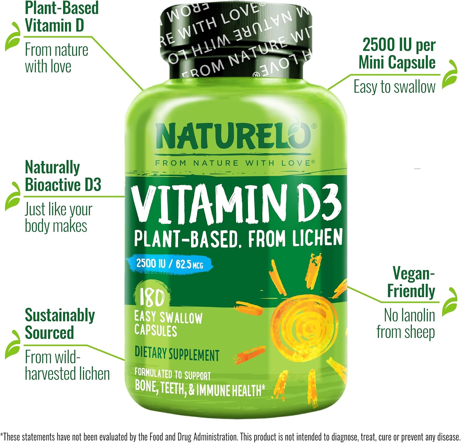 NATURELO Vitamin D - 2500 IU - Plant Based from Lichen - Natural D3 Supplement for Immune System, Bone Support, Joint Health - Vegan - Non-GMO - Gluten Free - 180 Capsules
