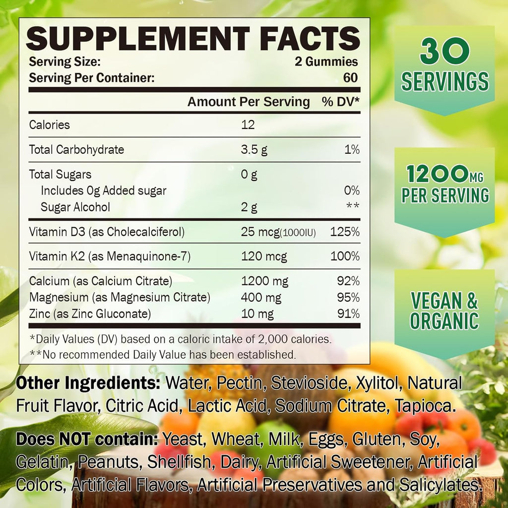 Calcium Citrate Gummies 1200 mg for Kids & Adults, Sugar Free, with Vitamin D3, K2, Magnesium, Zinc, Bone Support for Women & Elders, Natural Pineapple Flavor, 120 Gummies